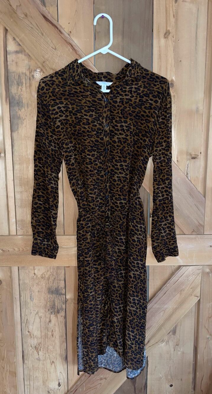 Time and Tru Womens Button Front Shirt Dress Long Sleeves Leopard Pockets Size S